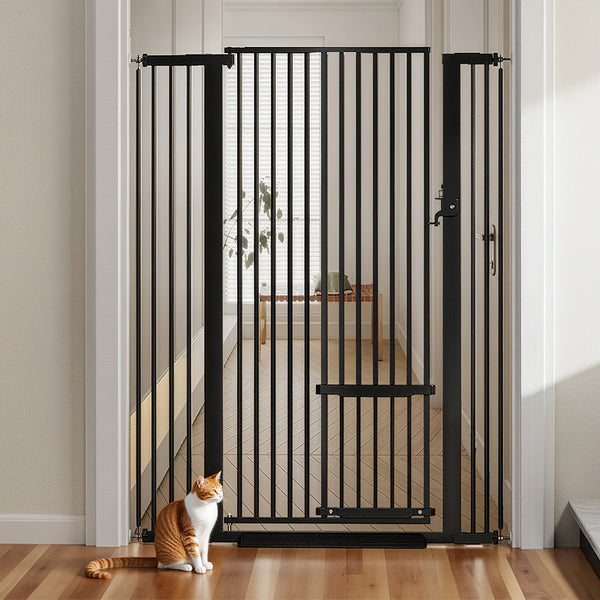 Extra-Tall Wide Cat Gate with Secure Lock & Pet Door